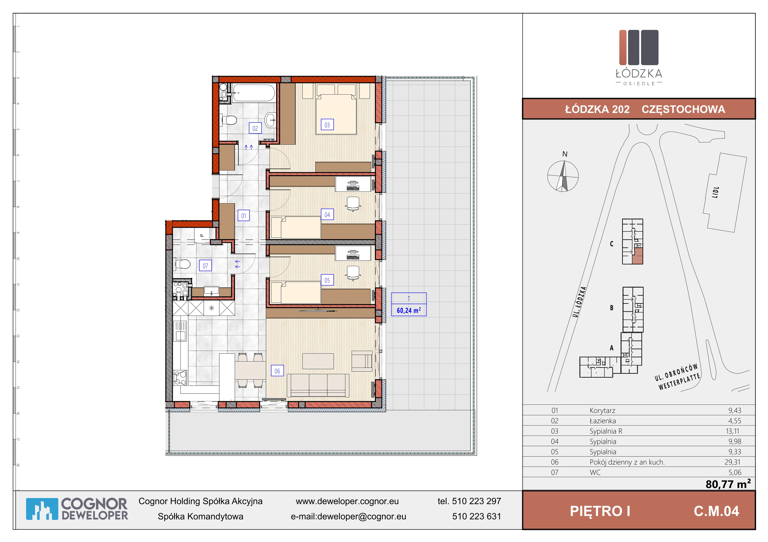 4 pokoje, mieszkanie 80,77 m², piętro 1, oferta nr C.M.04, Łódzka Osiedle, Częstochowa, Częstochówka-Parkitka, ul. Łódzka 198, 200, 202